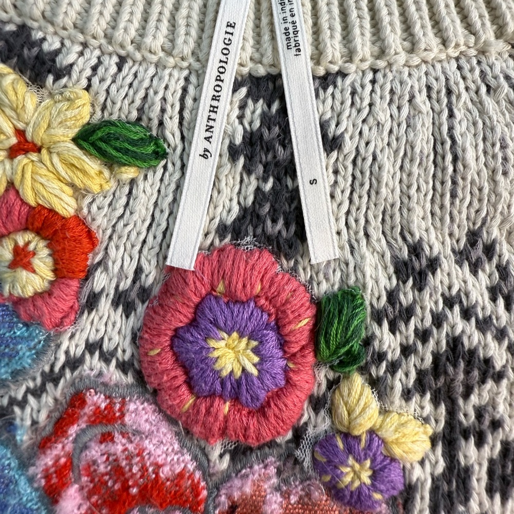 Anthropologie Cream Cable-Knit Sweater with Floral Embroidery - Picture 2 of 15